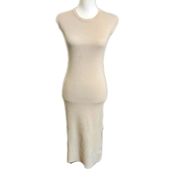 Express ribbed, bodycon, cap sleeve, maxi dress, cream/neutral, size S - Picture 1 of 9
